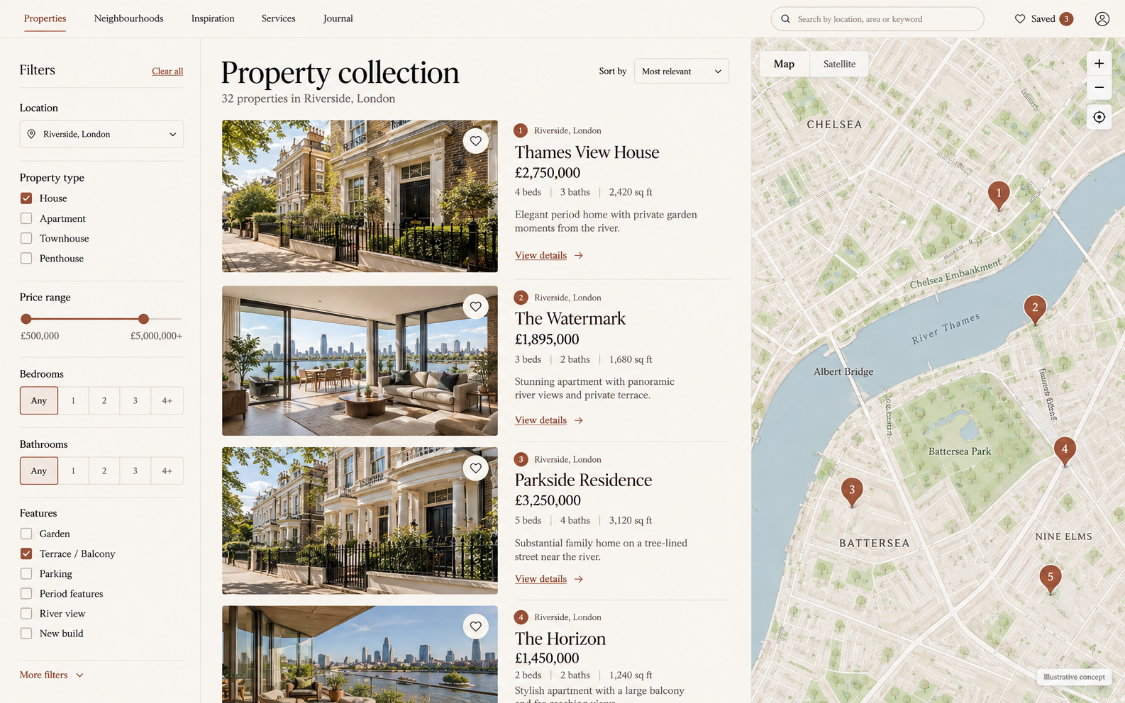 Editorial property collection concept with architectural photographs, listing filters and map. All details are illustrative.