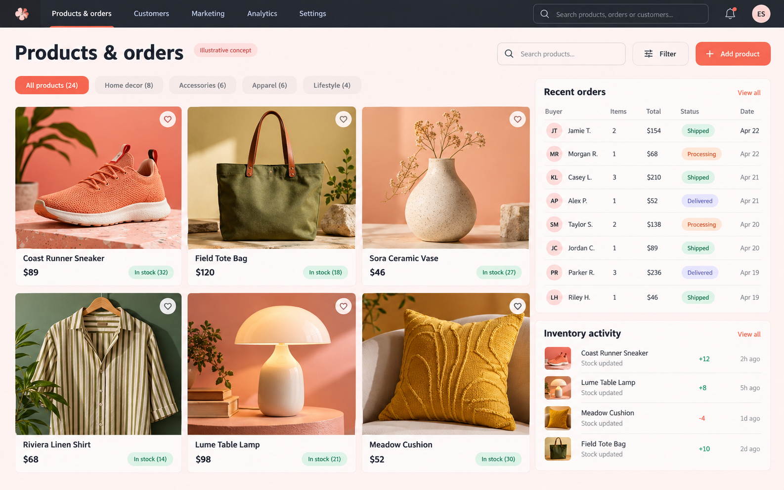 Colorful retail concept with photographed product catalog, inventory tags and recent orders. All details are illustrative.