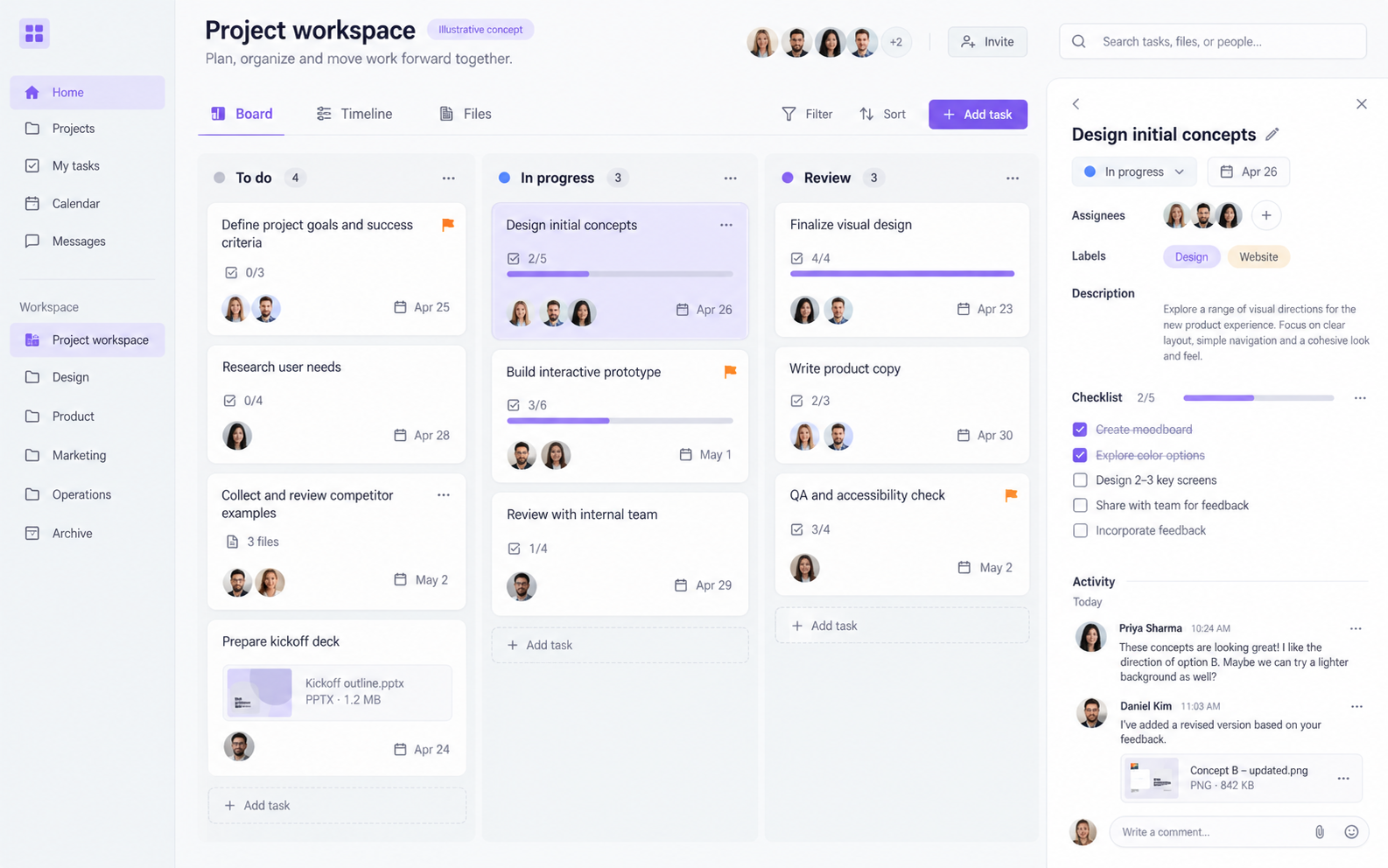 Minimal collaborative project concept with Kanban tasks, team comments and file attachments. All details are illustrative.